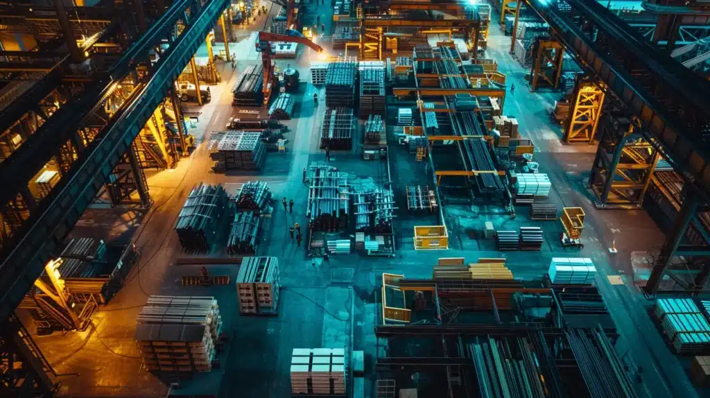 a dynamic aerial view of a bustling metal fabrication facility in columbus, highlighting towering steel structures and workers engaged in advanced welding processes, under bright, industrial lighting that accentuates the vibrant energy of innovation and craftsmanship in the heart of the city.