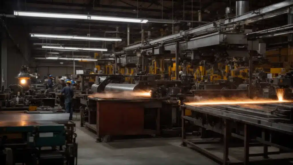 a bustling metal fabrication workshop in columbus showcases skilled artisans and advanced machinery, bathed in warm industrial lighting that highlights the precision of custom metalwork and the innovative spirit of collaboration among leading companies and emerging startups.