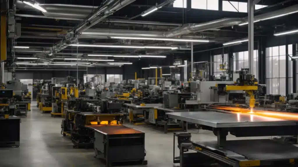 a futuristic metal fabrication workshop in columbus showcases gleaming machinery and eco-friendly materials, illuminated by soft, natural light filtering through large windows, highlighting the fusion of innovation and sustainability.