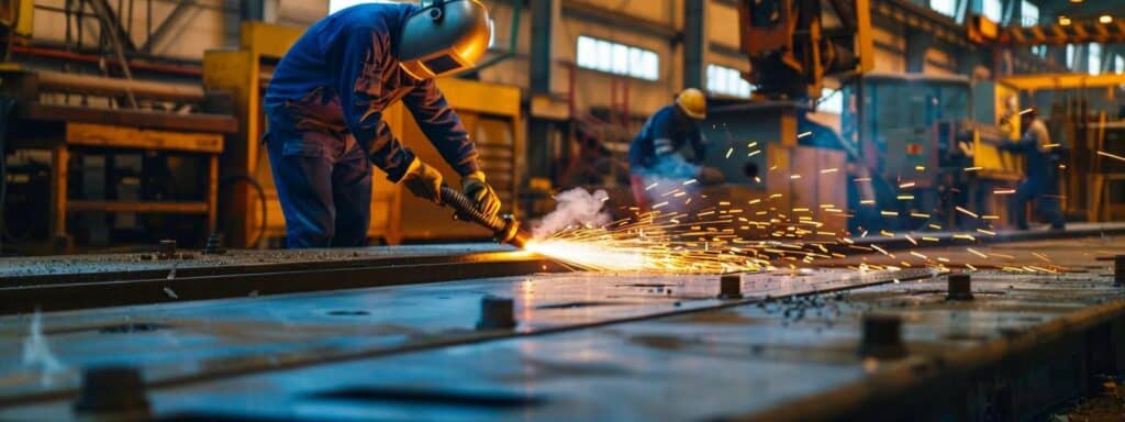 a dynamic industrial workshop scene showcases skilled technicians expertly maneuvering advanced plasma and laser cutters amidst a backdrop of gleaming stainless steel and exotic alloys, emphasizing precision and craftsmanship in the art of metal fabrication.